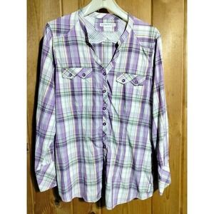 Exofficio V neck collar purple plaid long sleeve shirt woman Large 100% Nylon